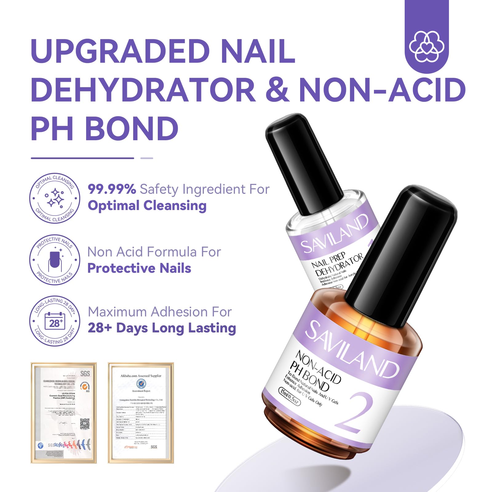 Saviland acid-free bond bottle shown; improves bonding without harsh acids for a durable manicure.