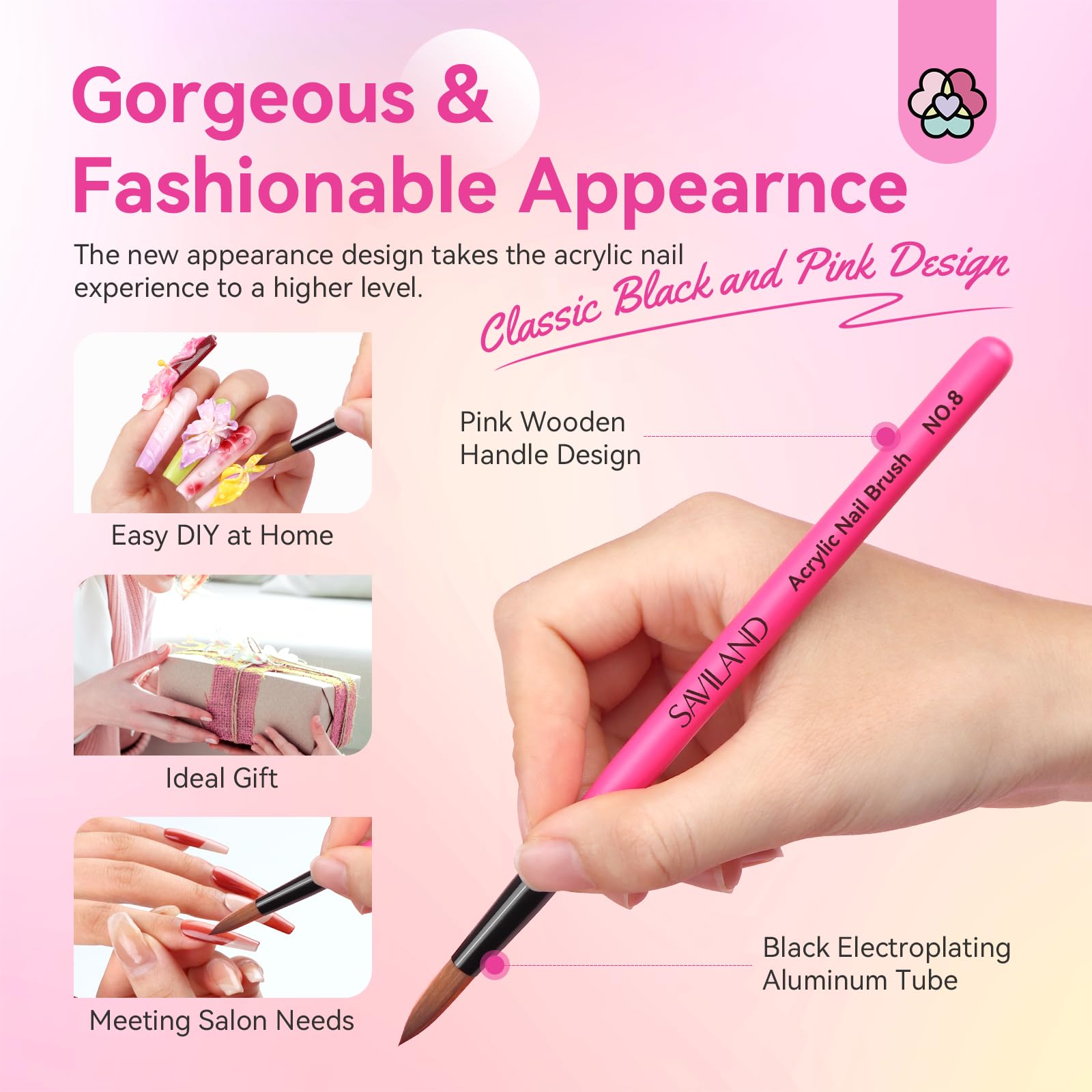 SAVILAND acrylic nail brush with black and pink design for stylish, comfortable grip.