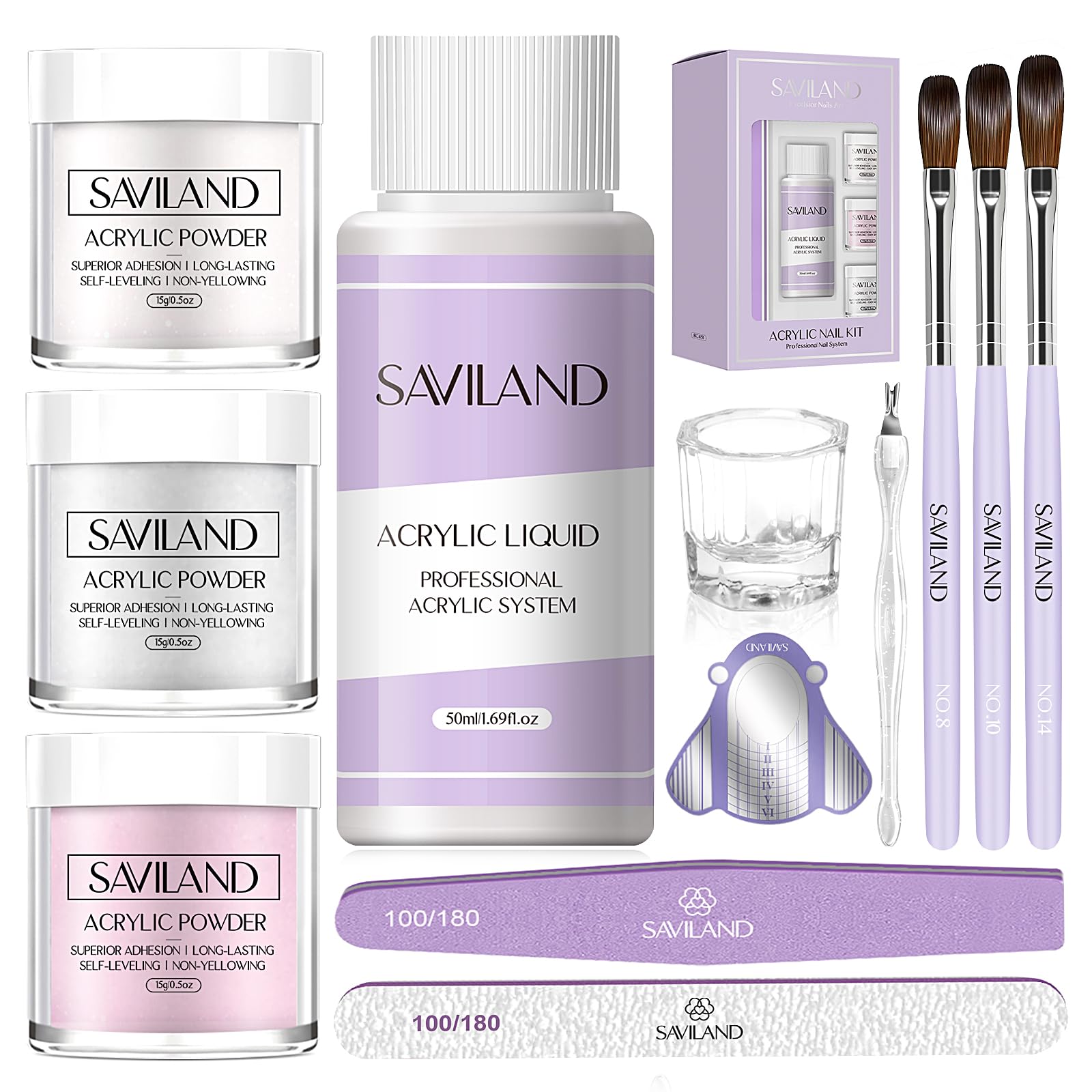 SAVILAND powders in white, pink, and clear for natural-looking at-home nails.