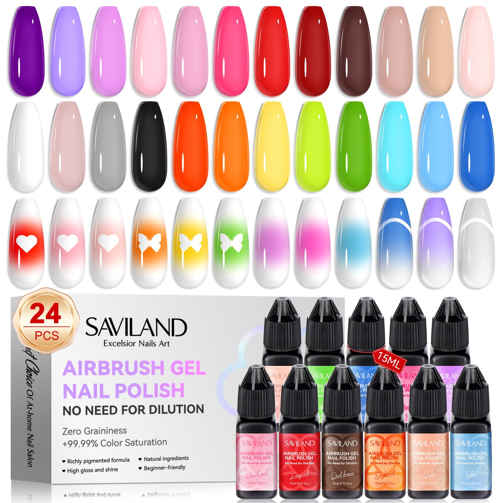SAVILAND airbrush gel nail polish 24-color bottle close-up shows vibrant pigmentation for crisp nail art.