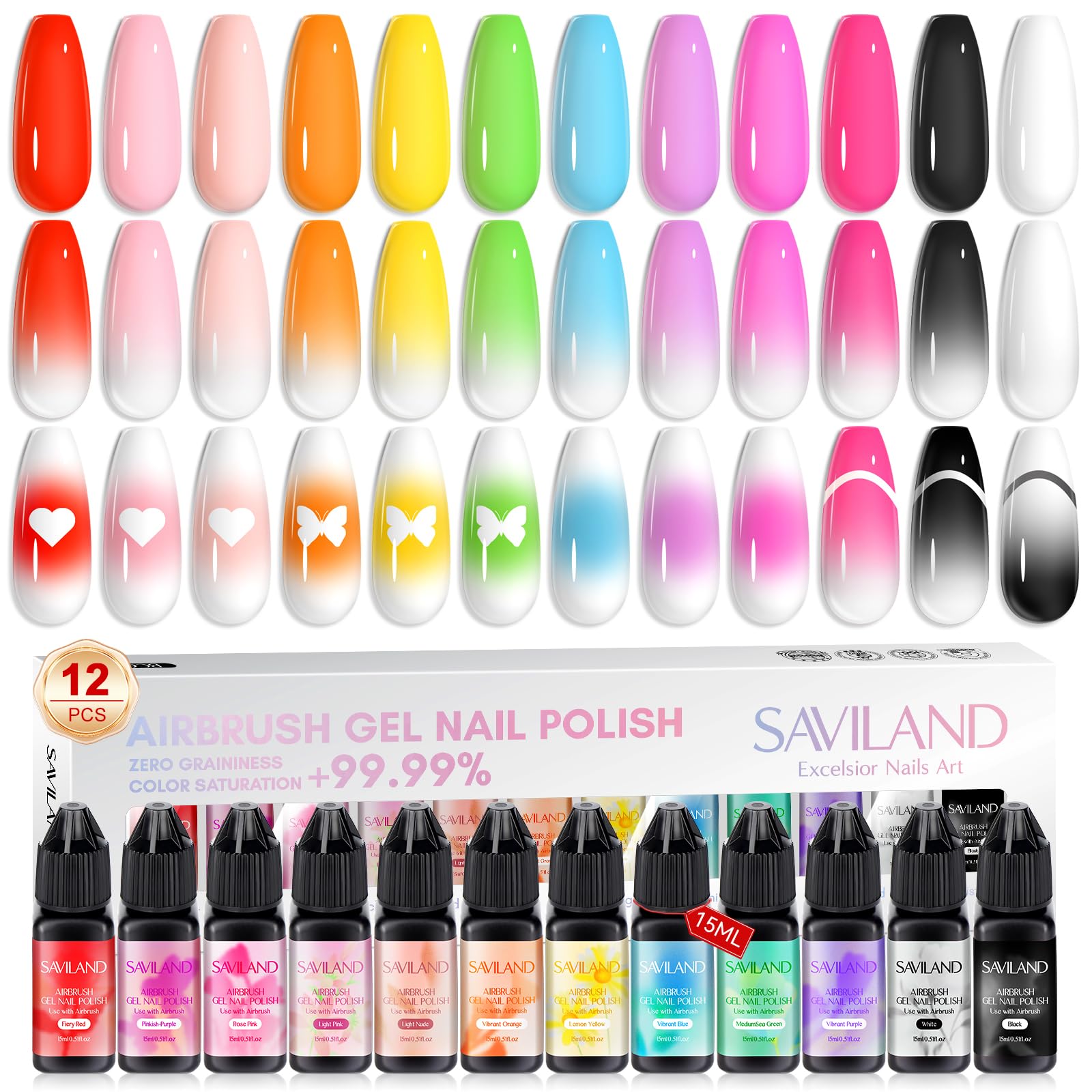 SAVILAND airbrush nail polish 12-color collection swatches for vibrant gradients.