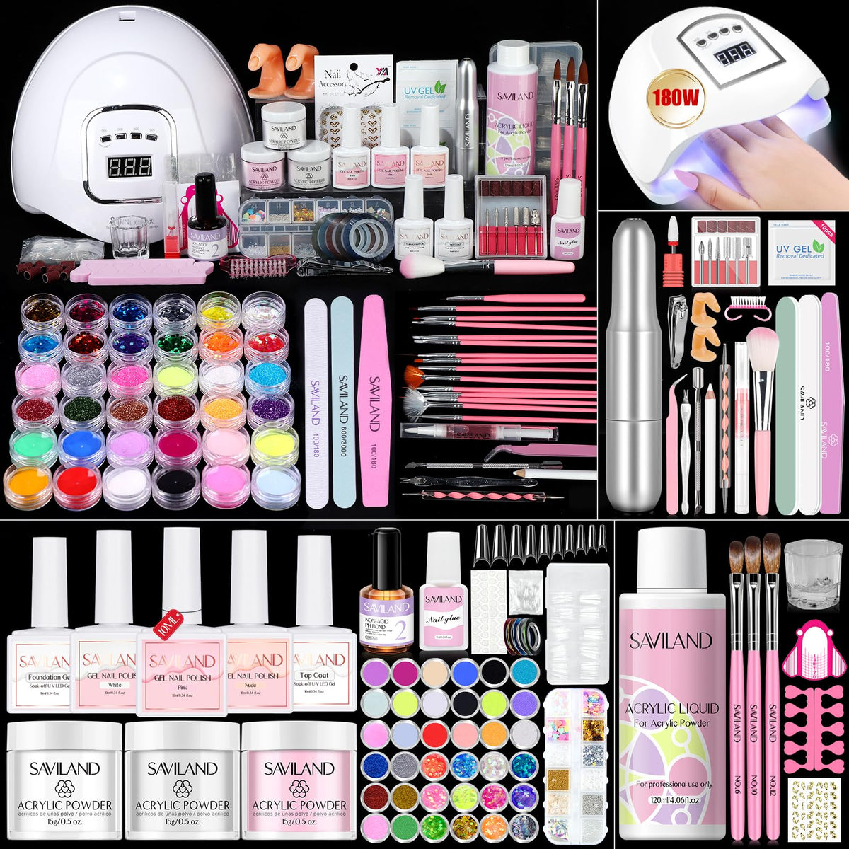 SAVILAND beginner kit contents with acrylic powder and EMA liquid for home practice
