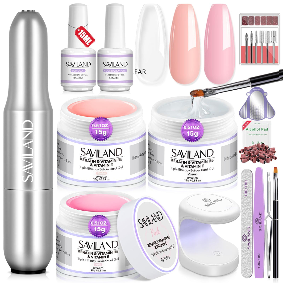 SAVILAND builder gel kit bottle closeup showing clear gel for extensions and shaping