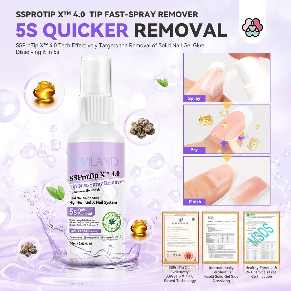 SAVILAND remover with castor oil and vitamin E for moisturized nail tips.