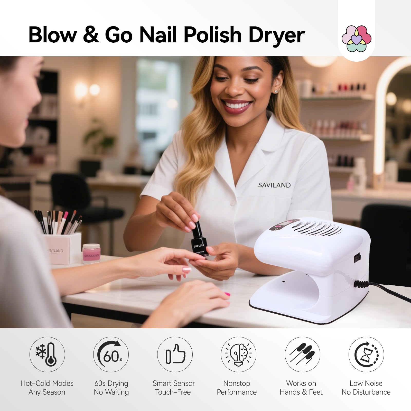 SAVILAND dual air modes warm and cool for year-round comfortable manicures.