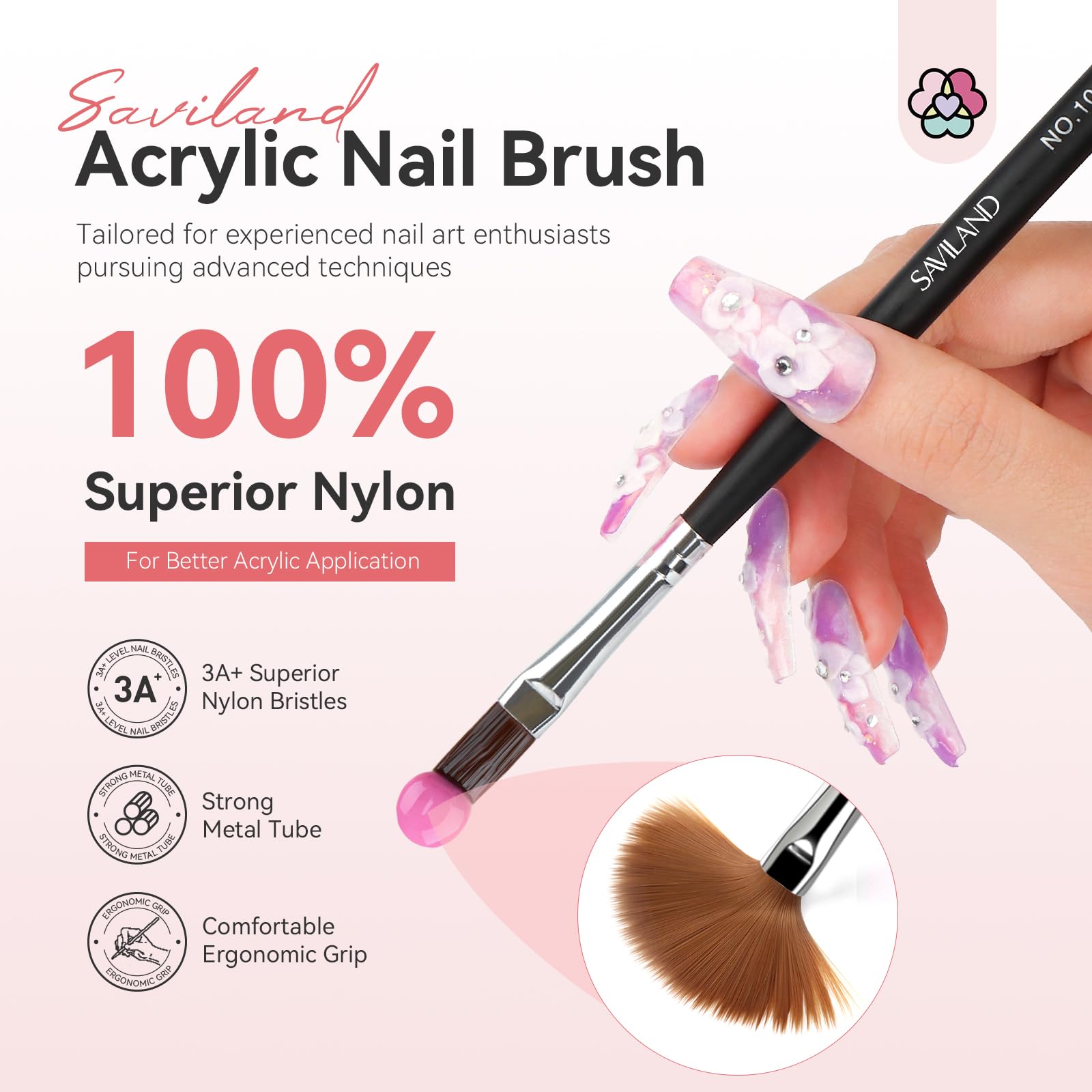 SAVILAND Kolinsky brush size 6 closeup enables smooth, controlled acrylic application for DIY nail art.