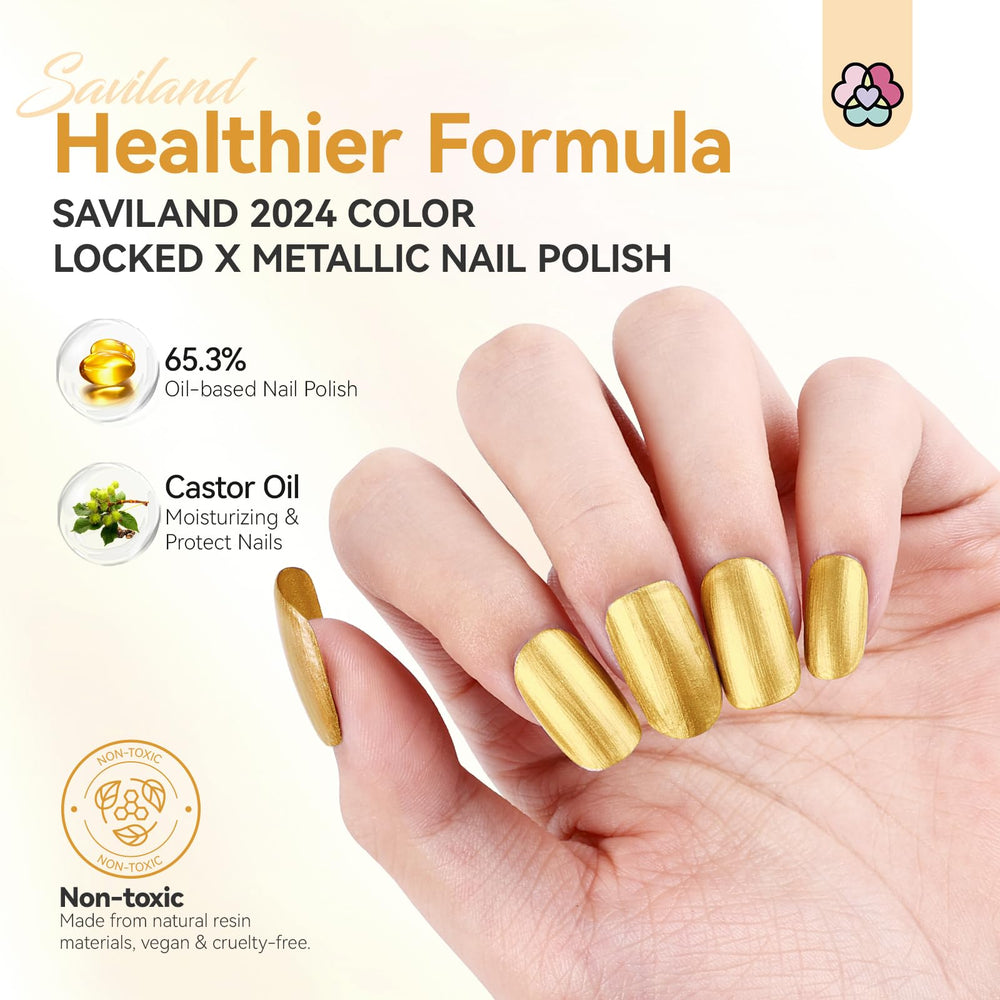 SAVILAND gold polish on nails showing mirror shine and even coverage