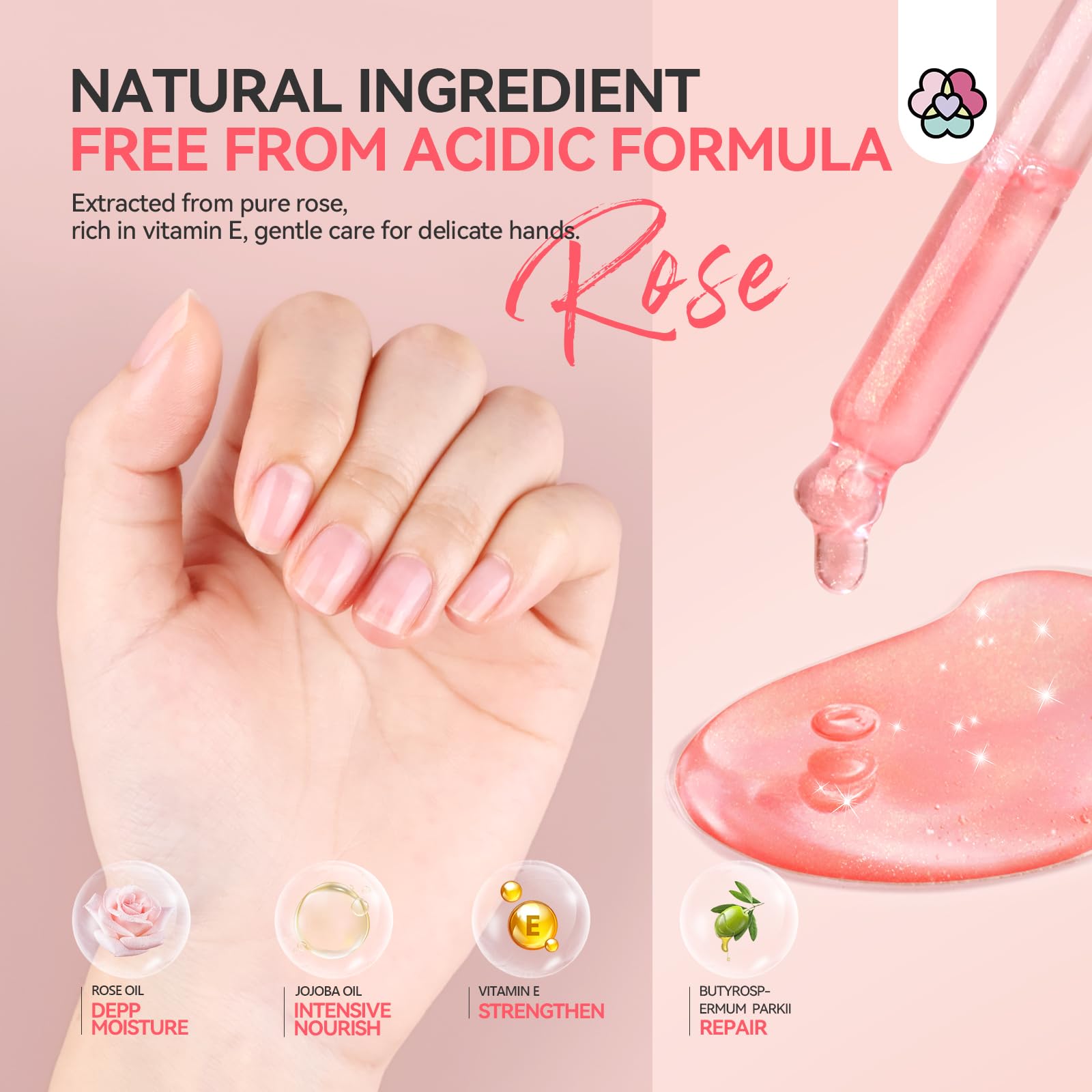 Mezcla natural de rosas, jojoba y karité que nutre la piel alrededor de las uñas.