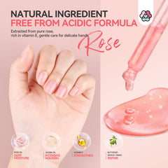Mezcla natural de rosas, jojoba y karité que nutre la piel alrededor de las uñas.