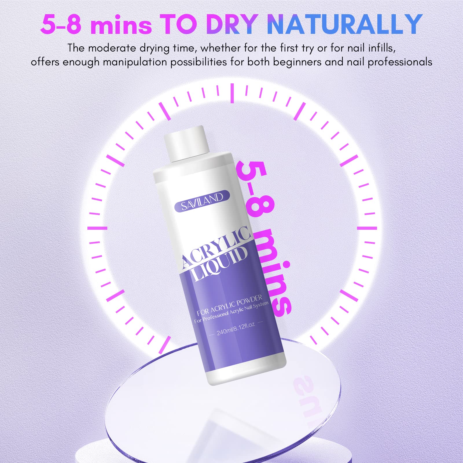 SAVILAND monomer liquid air dries in five to eight minutes for efficient nail art.