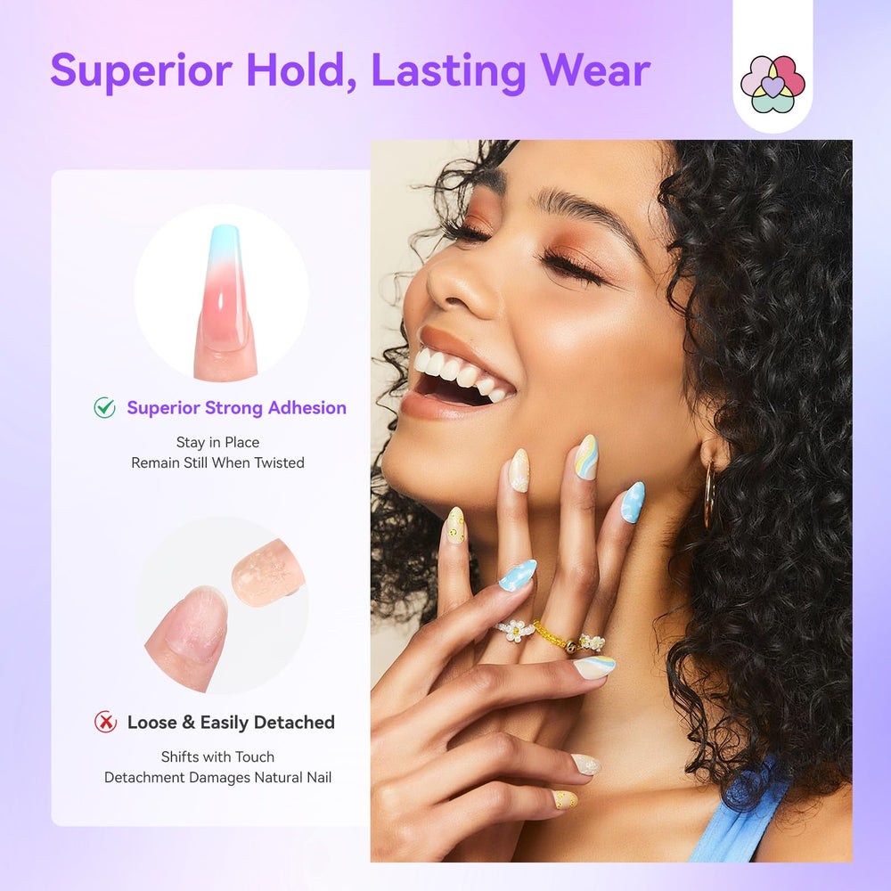 SAVILAND nail adhesive tabs 15-sizes pack, demonstrating versatile fit for DIY nails.