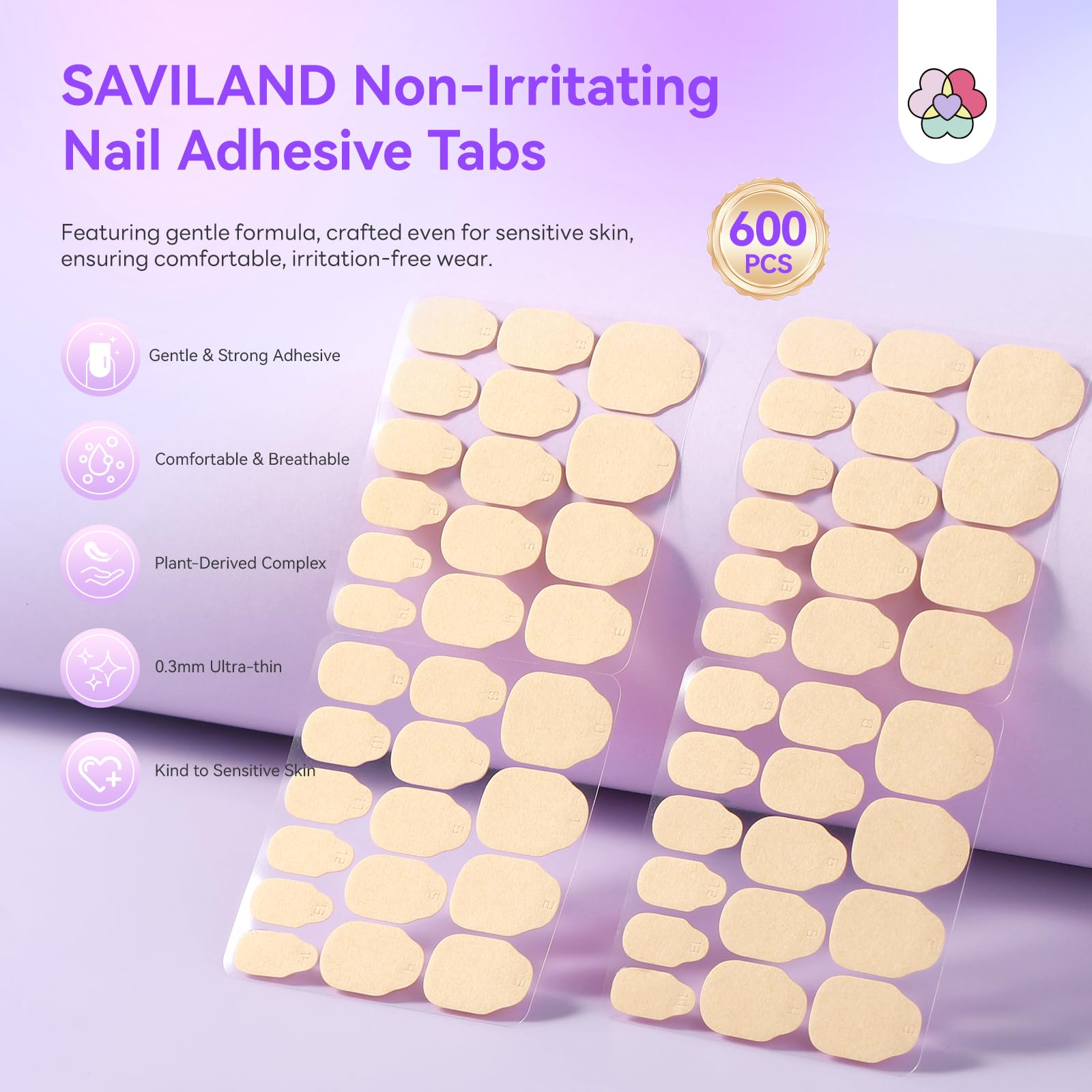 SAVILAND nail adhesive tabs closeup 0-3mm, showcasing ultra-thin breathable design.