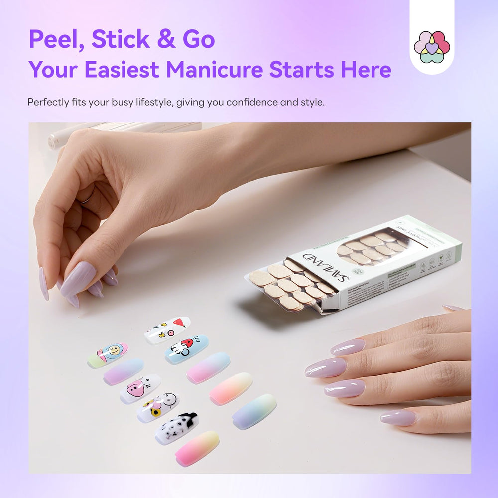 SAVILAND nail adhesive tabs in-use peel-and-stick demo for quick home manicures.