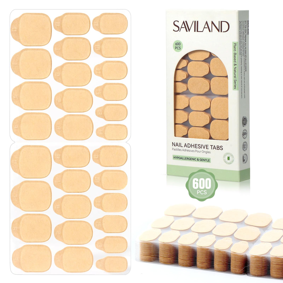 SAVILAND nail adhesive tabs pack front, highlighting gentle plant-based formula for comfortable wear.