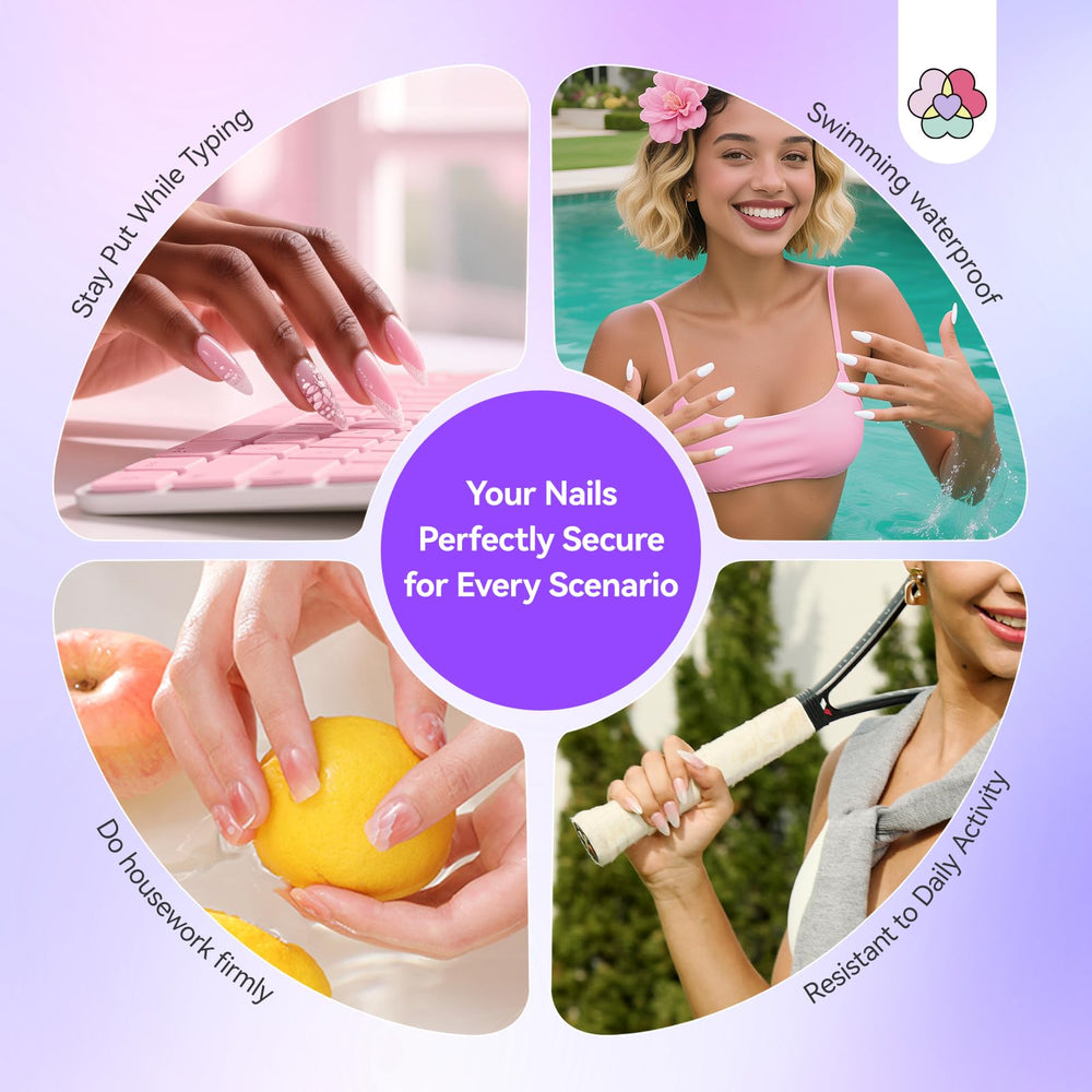 SAVILAND nail adhesive tabs waterproof action, showing prolonged wear during workouts and showers.