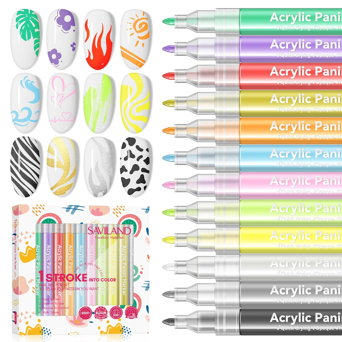 SAVILAND 12-color nail art pens swatches show bold, vibrant pigment for detailed at-home manicures.