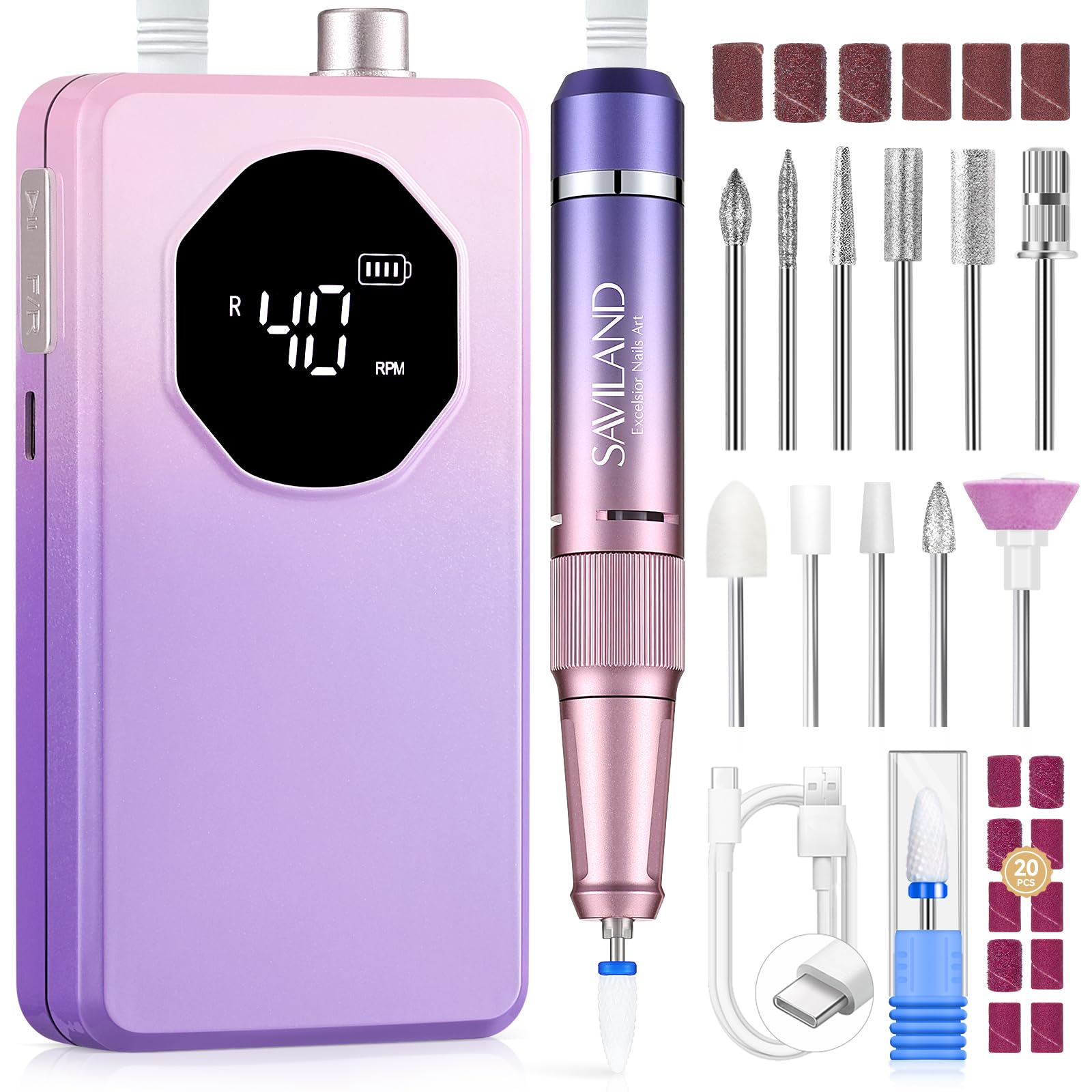SAVILAND nail drill 40000rpm front view with gradient purple finish for professional removal