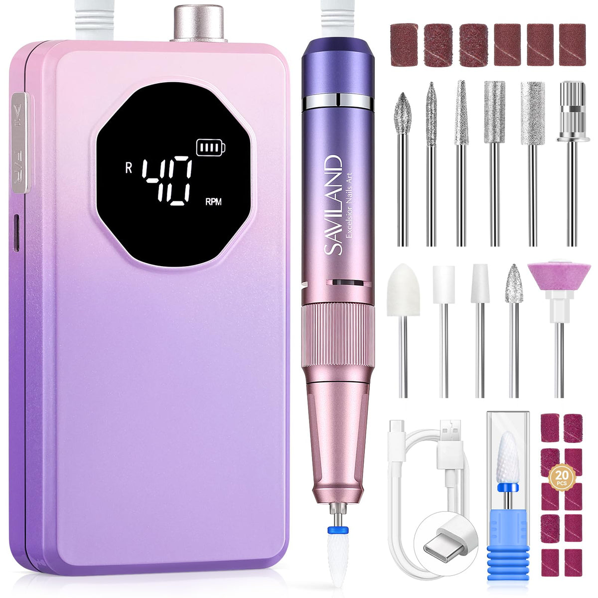 SAVILAND nail drill 40000rpm front view with gradient purple finish for professional removal