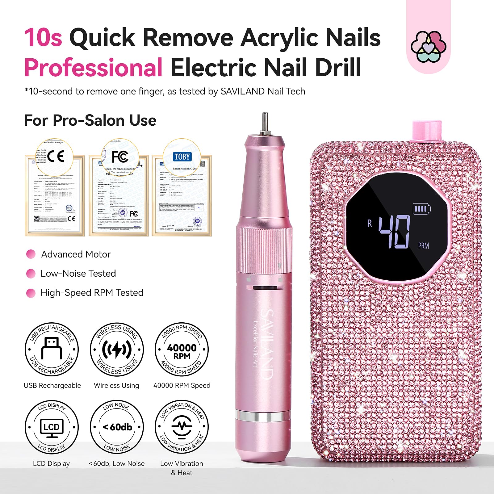SAVILAND Nail Drill 40000rpm highlights speed for acrylic removal.