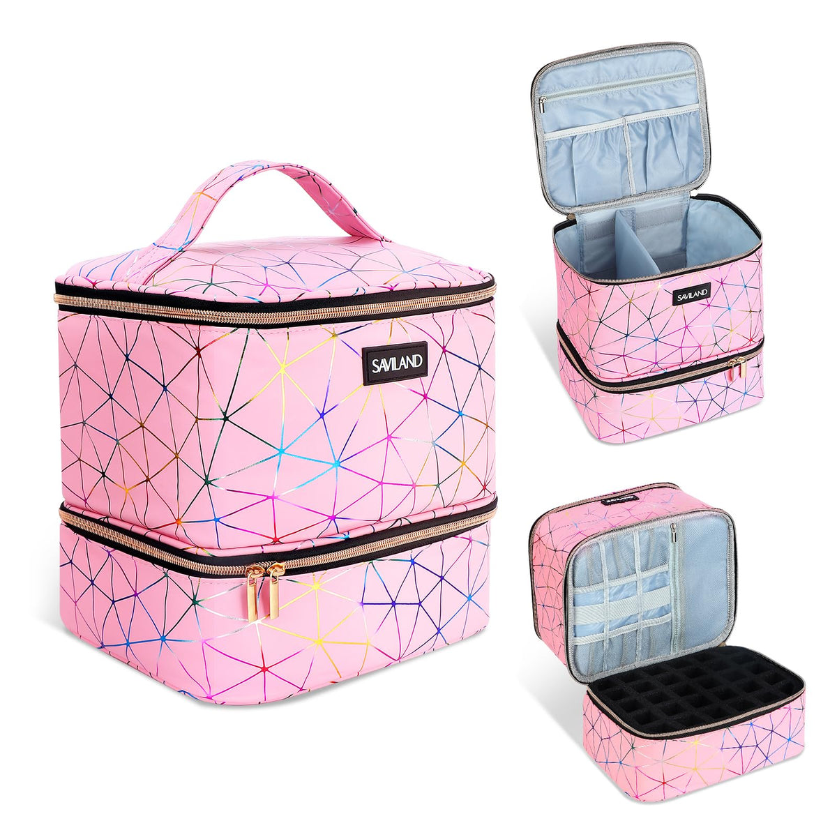 SAVILAND nail polish organizer bag front view with holographic pink design.