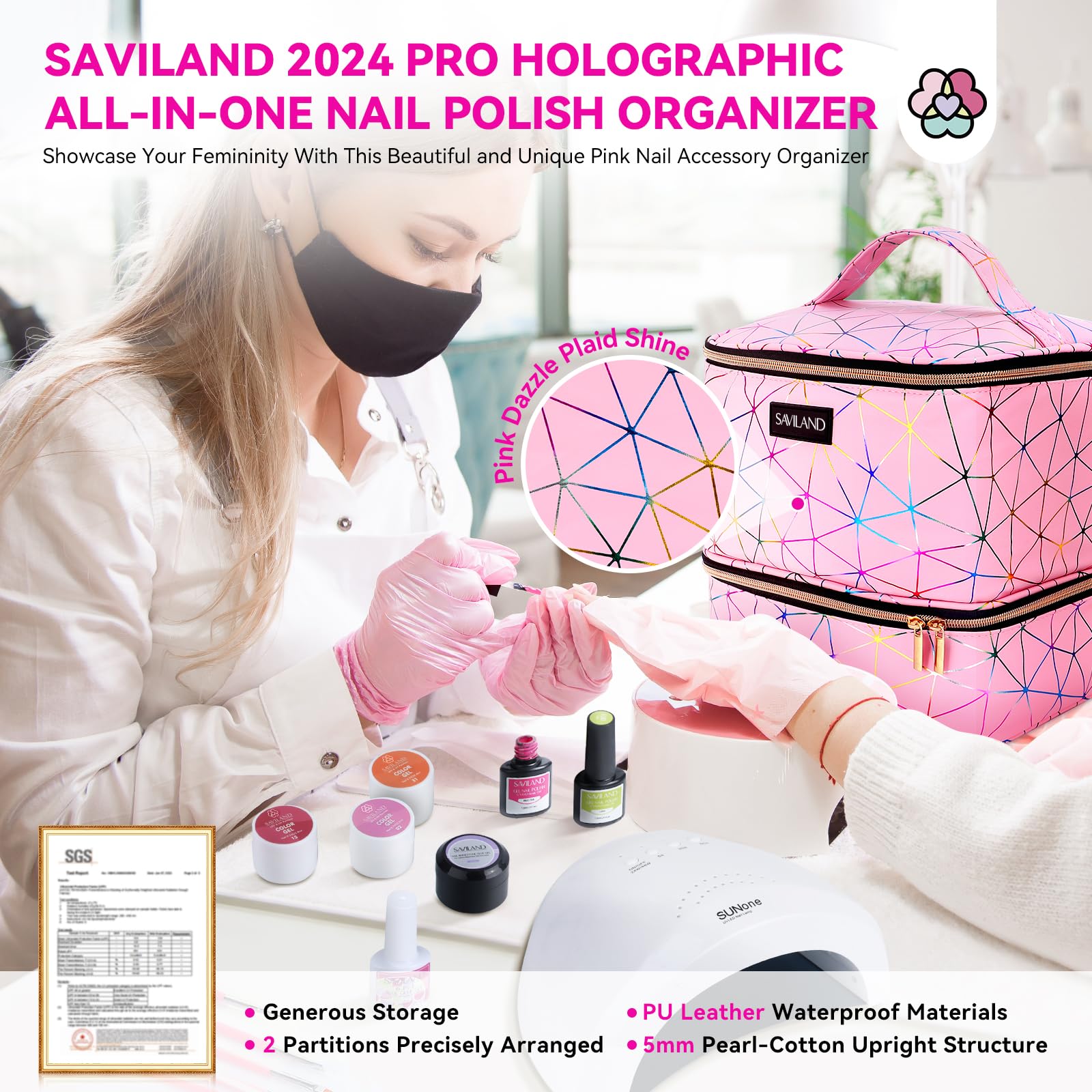 SAVILAND organizer interior showing bottle holders and pockets for polishes.