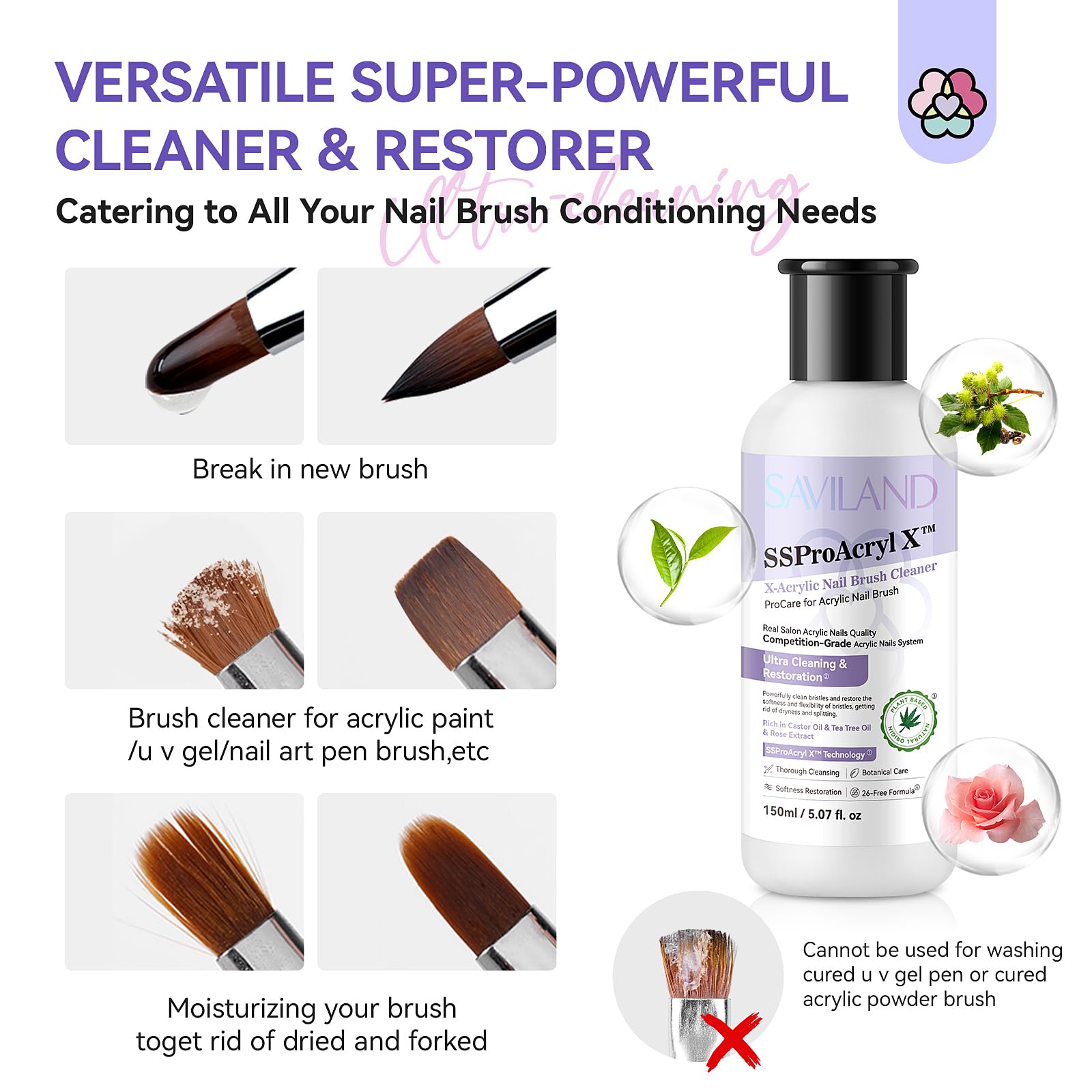 Plant-based formula with tea tree, rose extract, and castor oil for conditioning brushes.