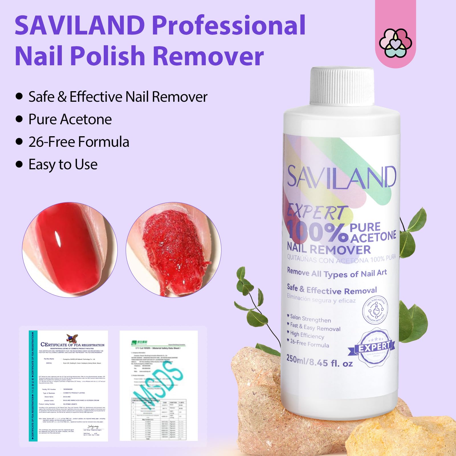 SAVILAND remover-esmalte-250ml ofrece limpieza rápida sin dañar las uñas