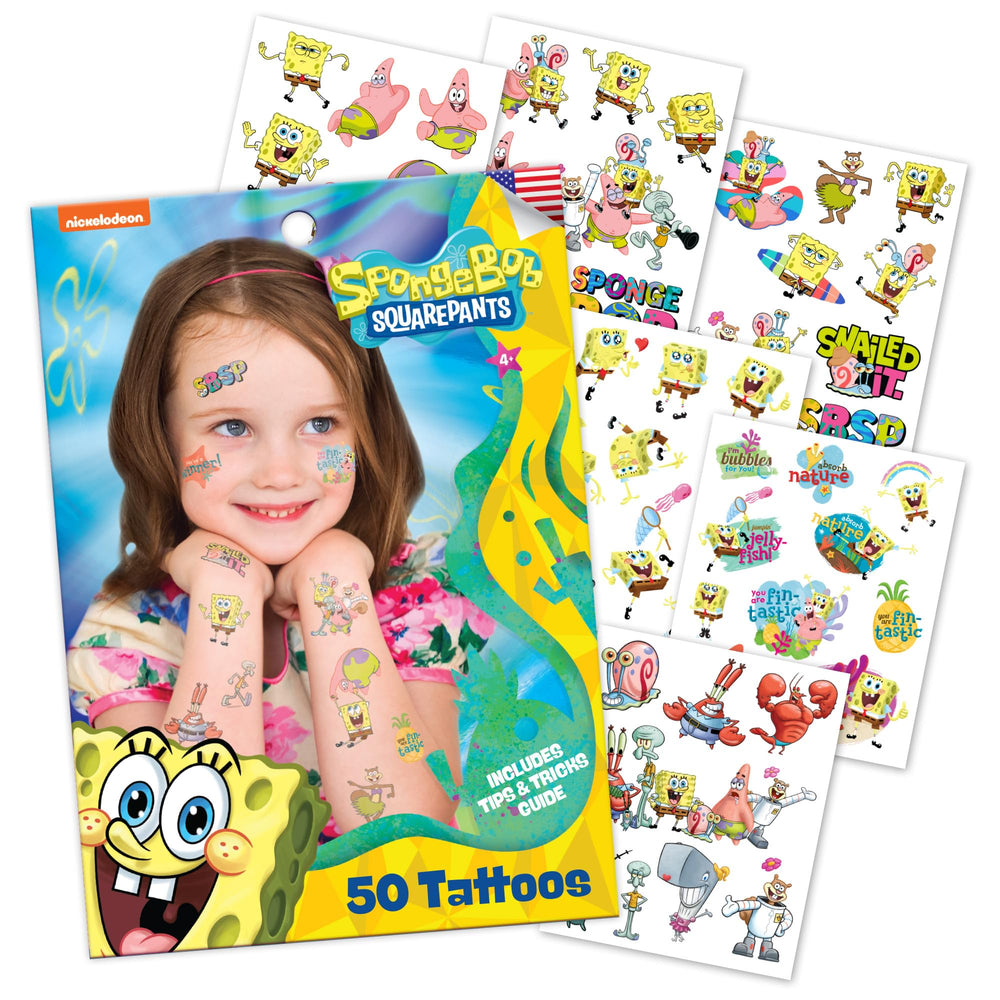 Savvi tatuajes temporales de Bob Esponja con 50 diseños, ideal para fiestas infantiles y diversión segura