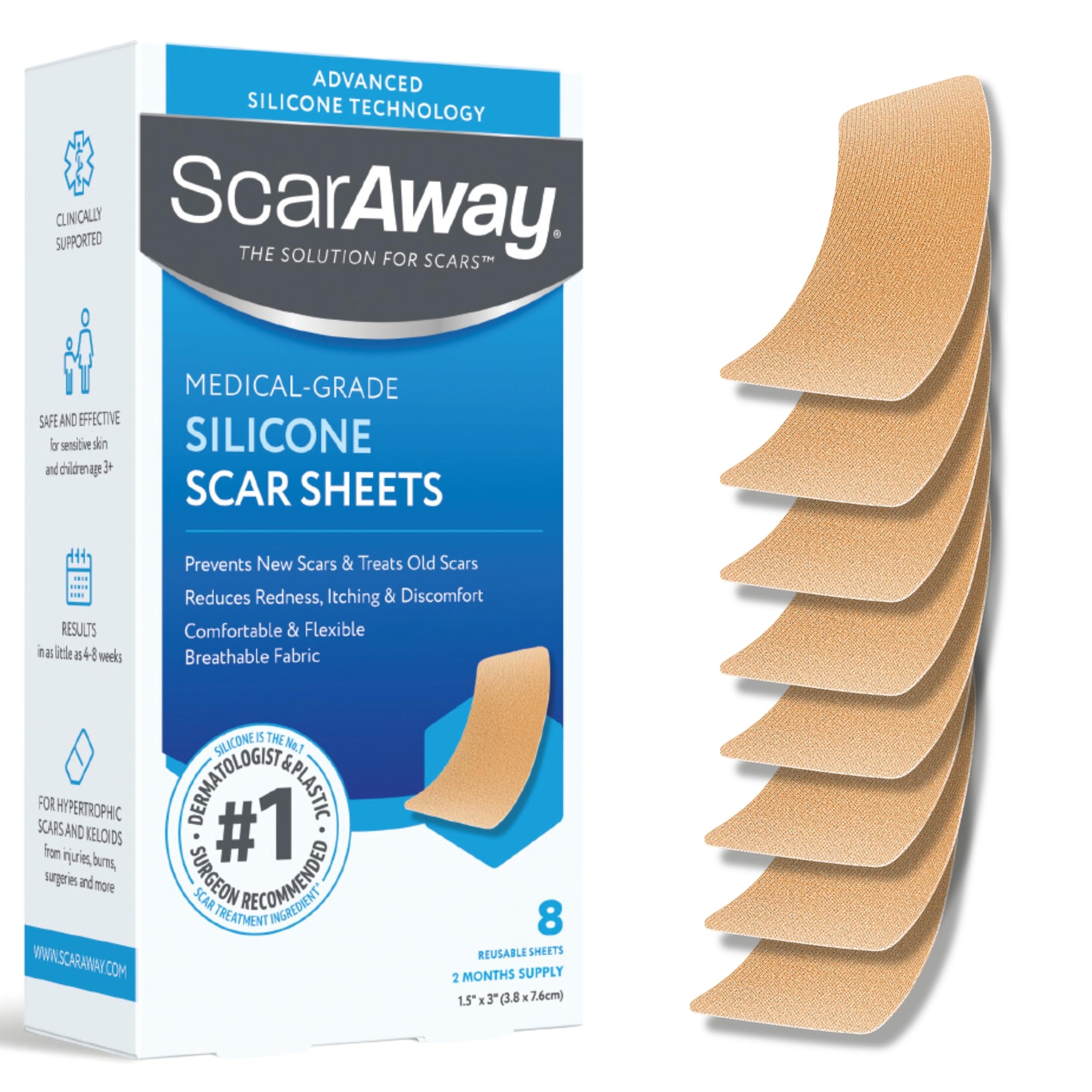 ScarAway 8-pack advanced silicone scar sheets for effective scar care.