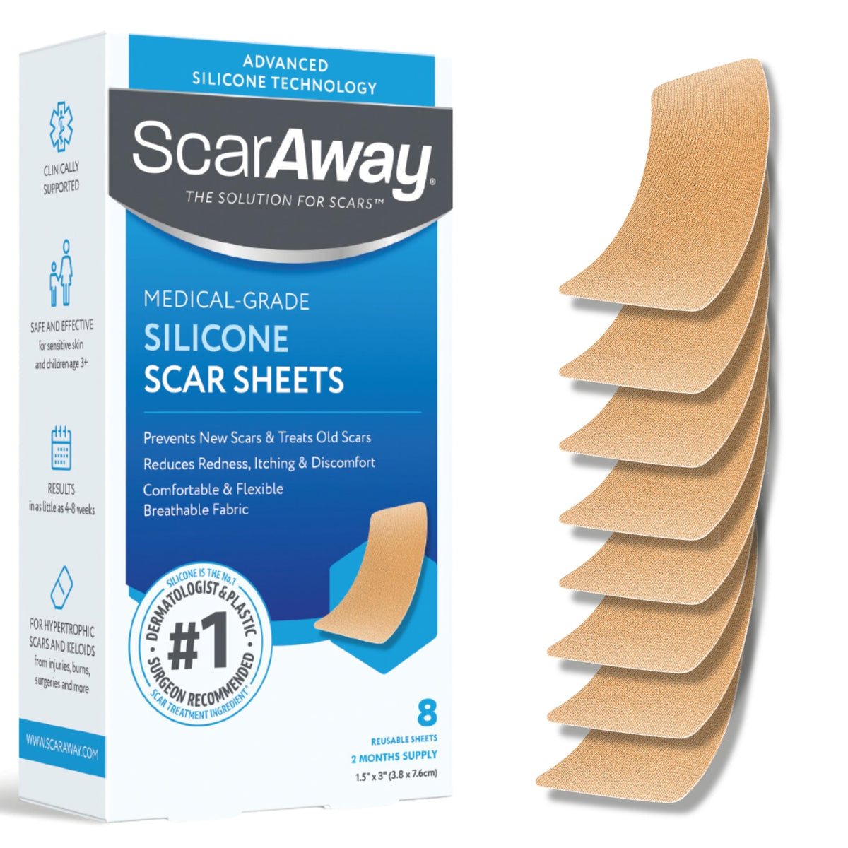 ScarAway 8-pack advanced silicone scar sheets for effective scar care.