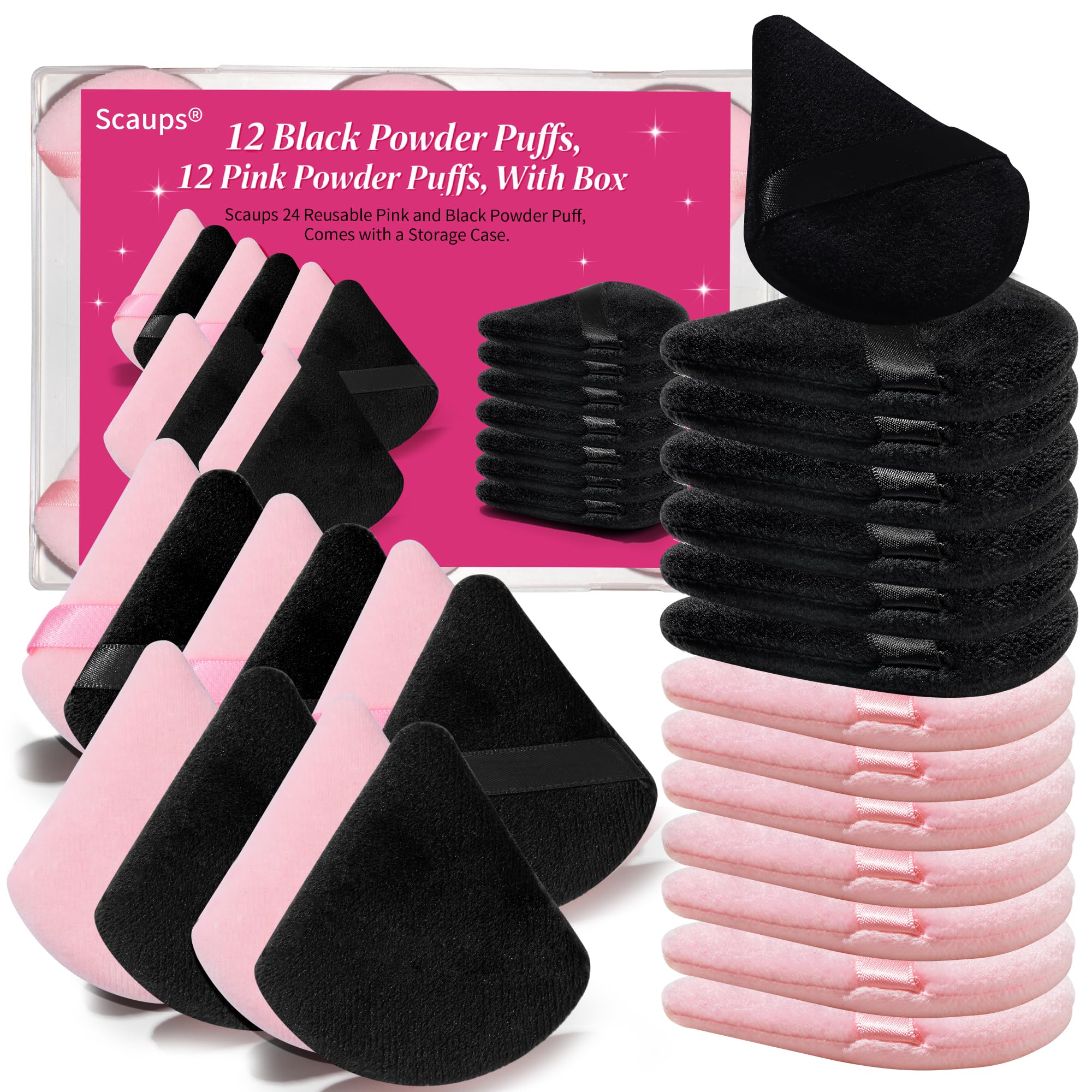 Scaups 24pc triangle powder puff set with black and pink design for versatile makeup application.