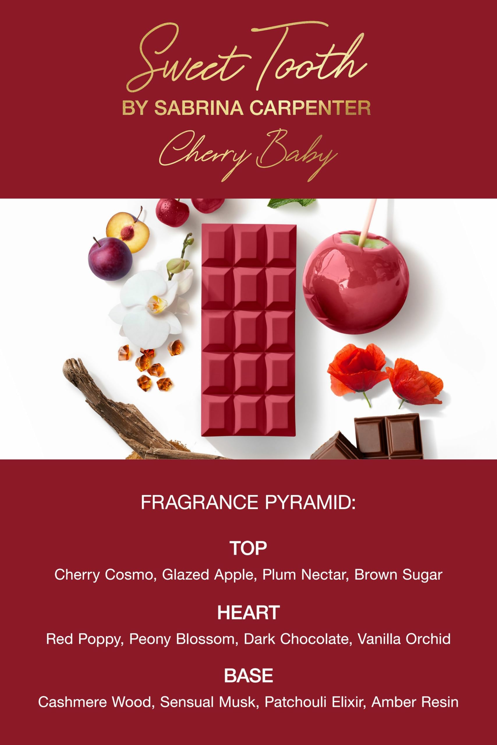 SCENT BEAUTY Sabrina Carpenter Cherry Baby ingredient-swatches, sensory glimpse of gourmand notes