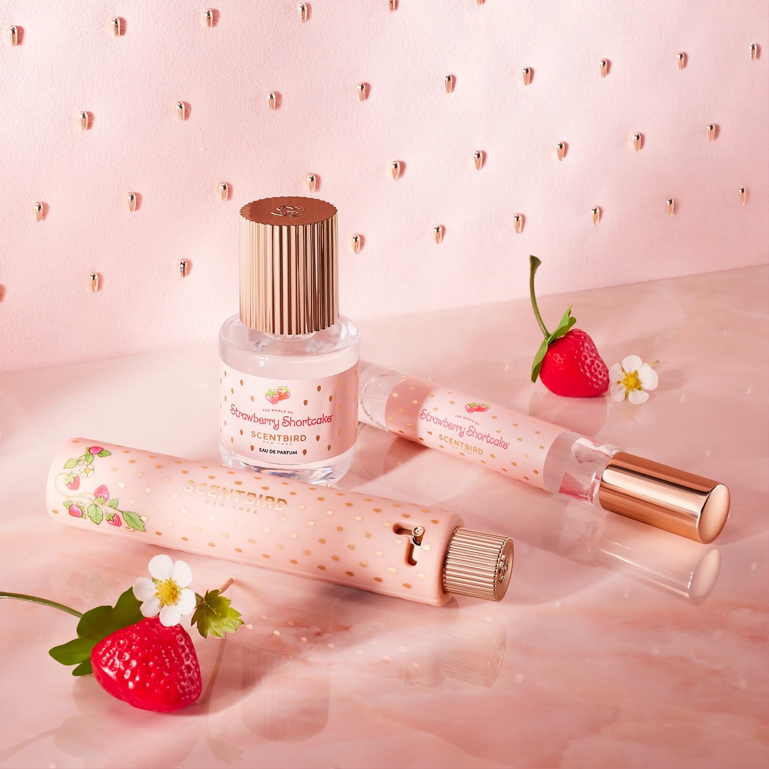 Scentbird Strawberry Shortcake EDP under soft glow highlights notes.