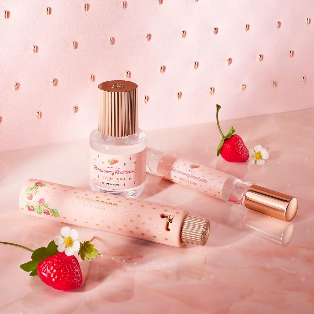 Scentbird Strawberry Shortcake EDP under soft glow highlights notes.
