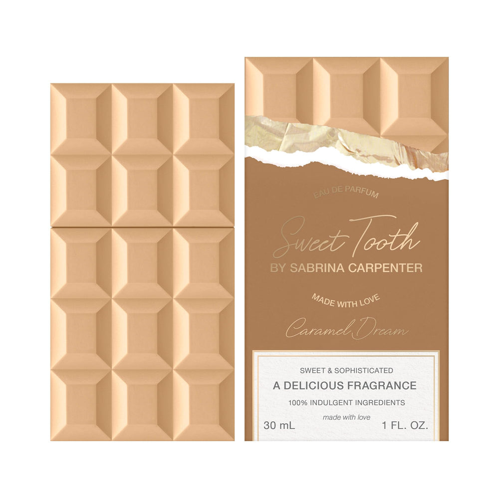 SCENT BEAUTY Sabrina Carpenter Caramel Dream cap closeup highlighting premium packaging.