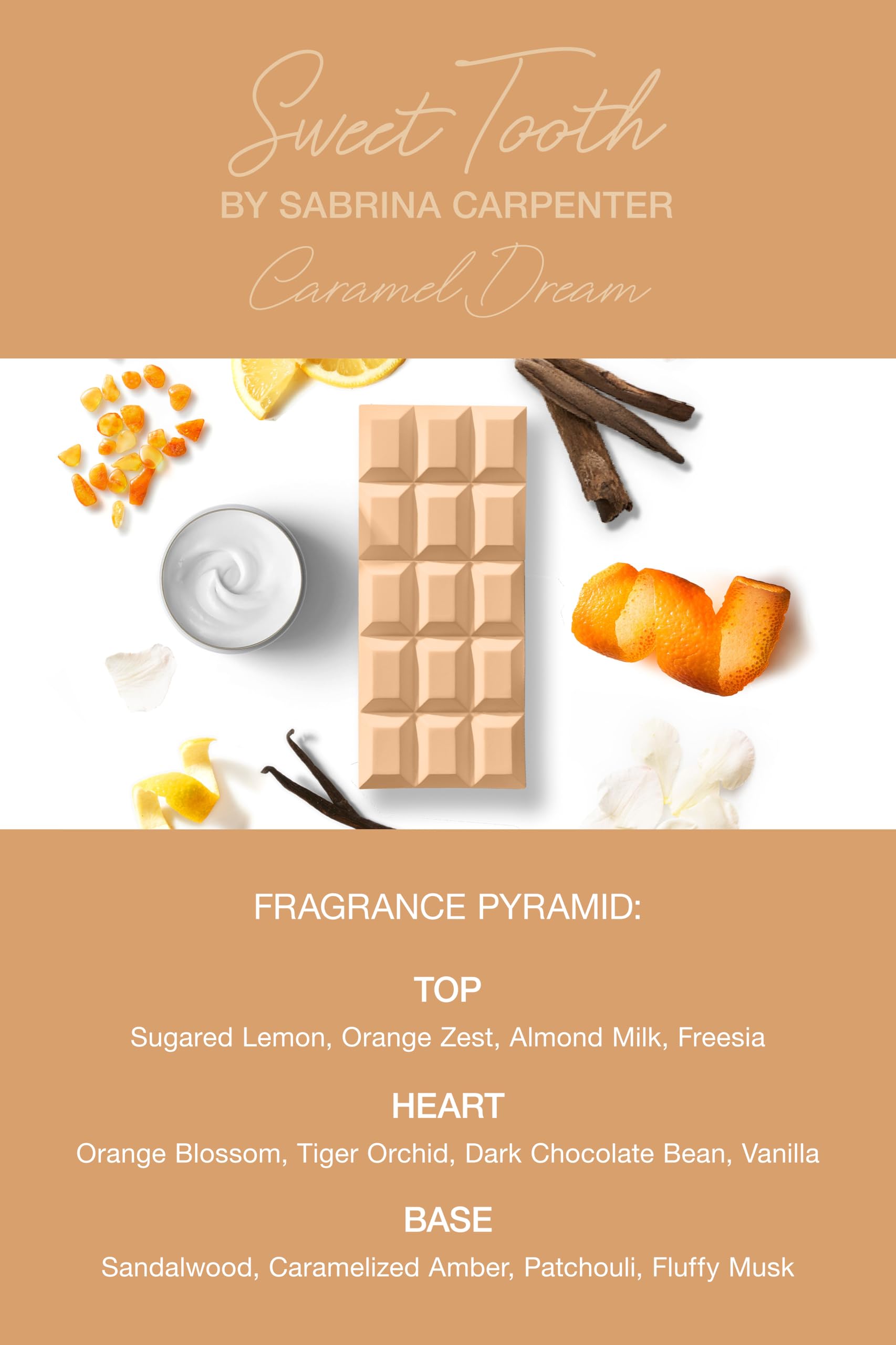 SCENT BEAUTY Sabrina Carpenter Caramel Dream notes highlighted for caramel-chocolate warmth.