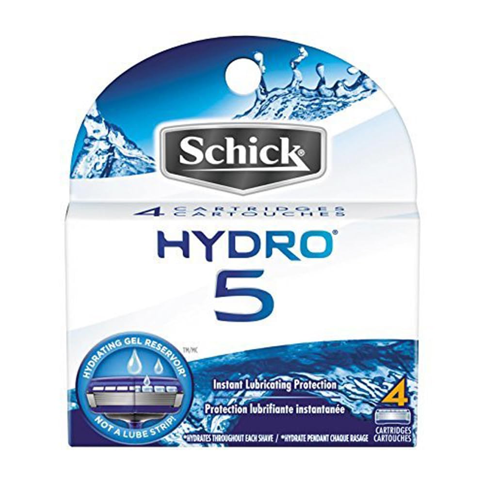 Schick Hydro 5 razor refills with 4 blades and hydrating gel, designed to reduce irritation while shaving.