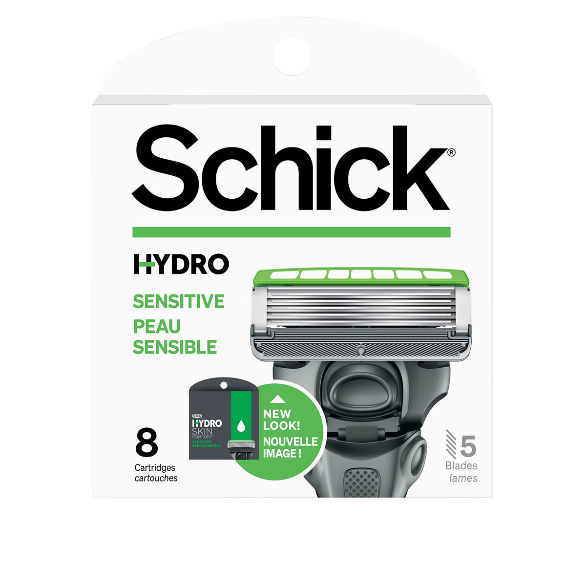 Schick Hydro 5 Sense refill packaging for easy replacement and comfortable shaves.