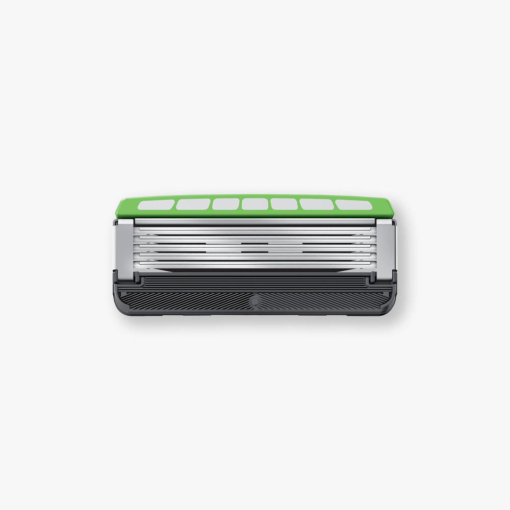 Five blades with skin guards help minimize irritation during shaving.