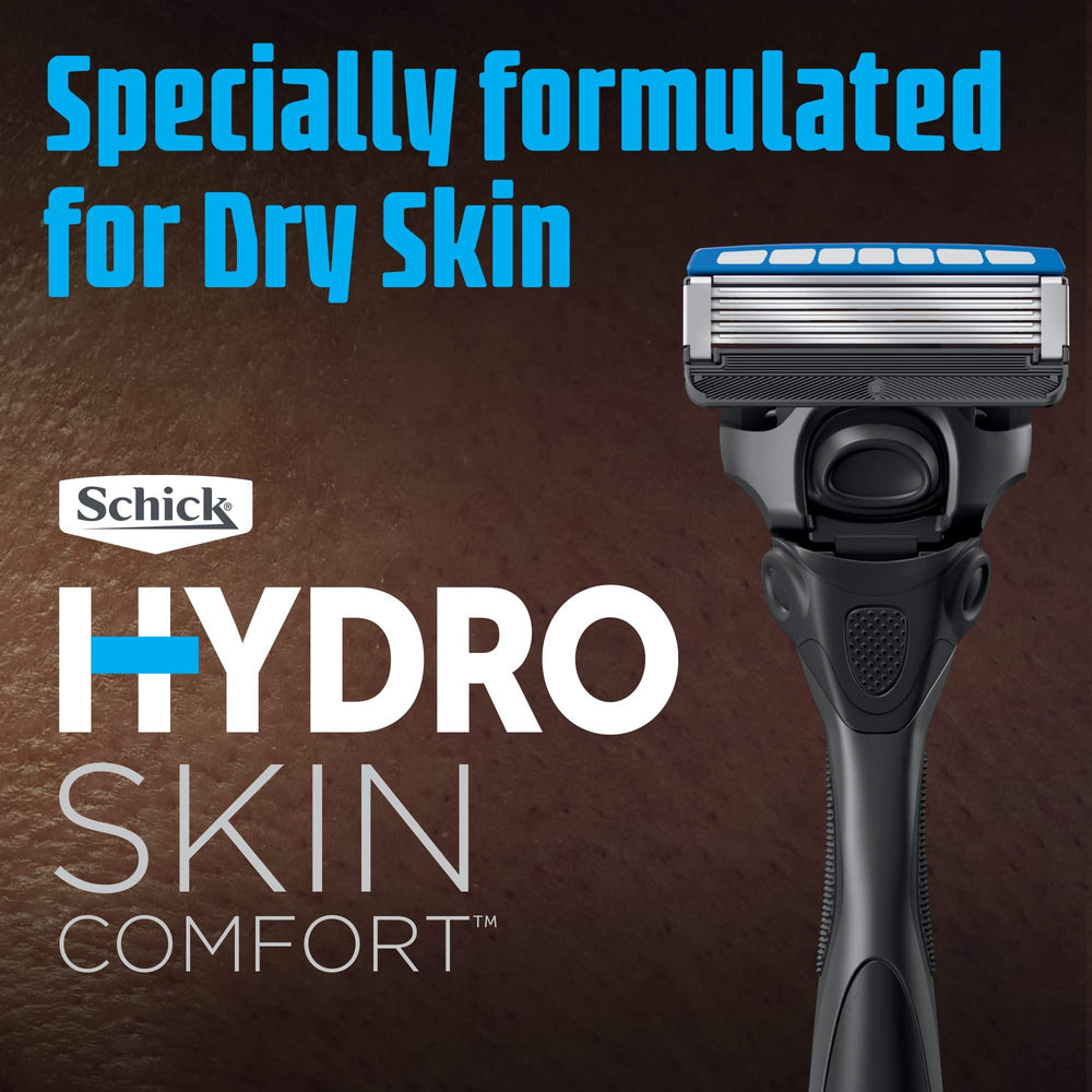 Schick Hydro Dry Skin 7 cushioning gel pools photo suggests moisturized skin during shave.