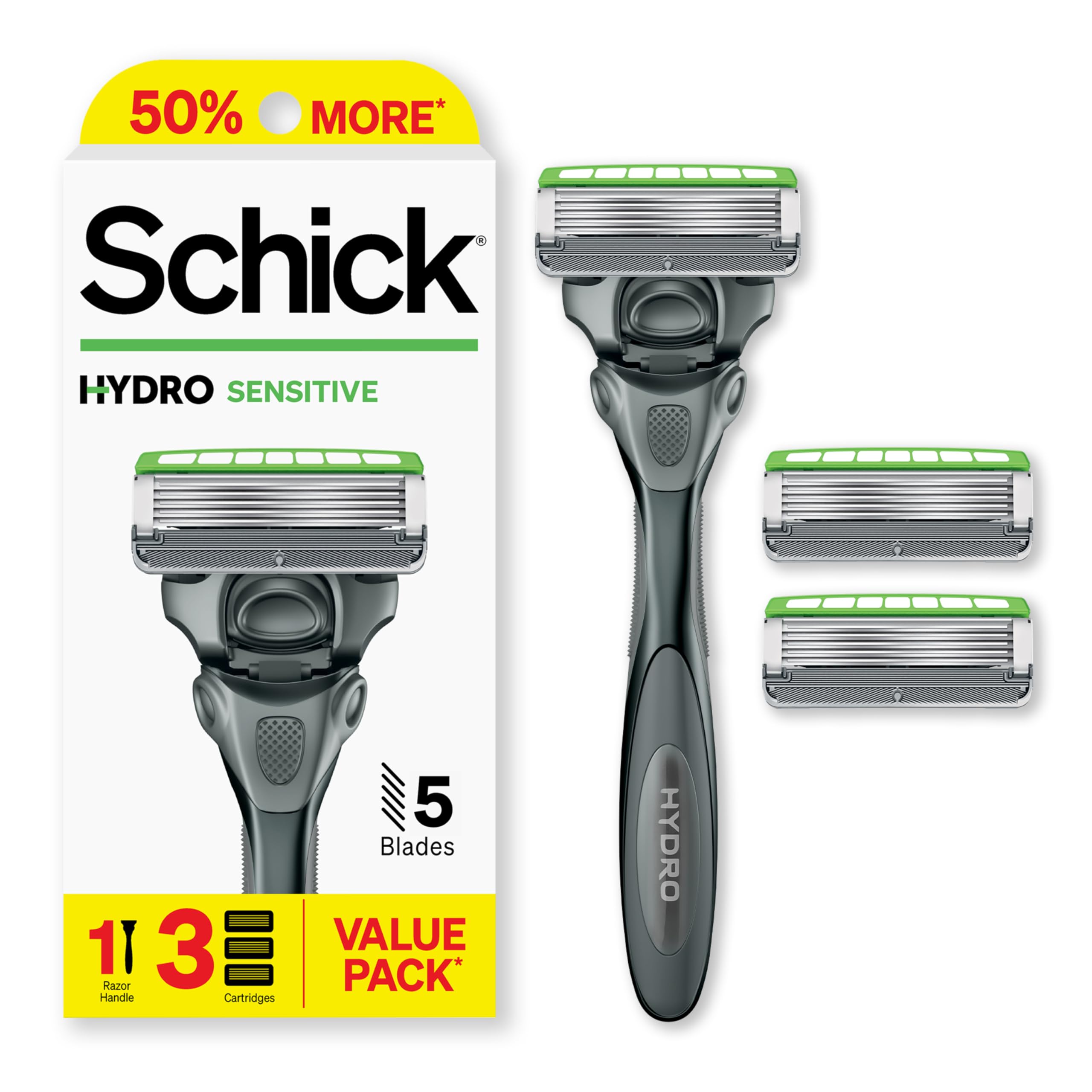 Schick Hydro Sensitive Razor handle close-up showing comfortable grip