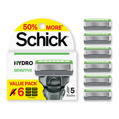 Schick Hydro Sensitive refill pack with 6 cartridges for smooth shaves.