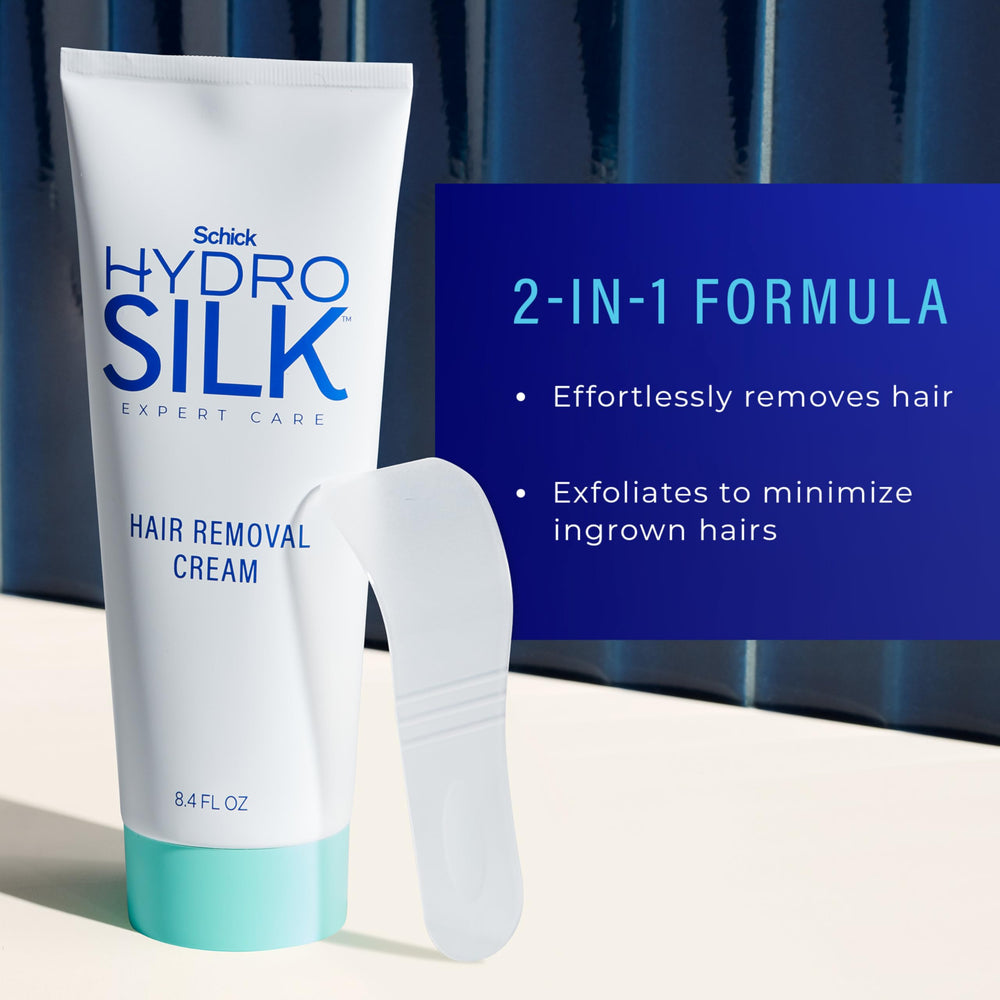 Schick Hydro Silk cream applied on arm for quick hair removal near delicate skin.