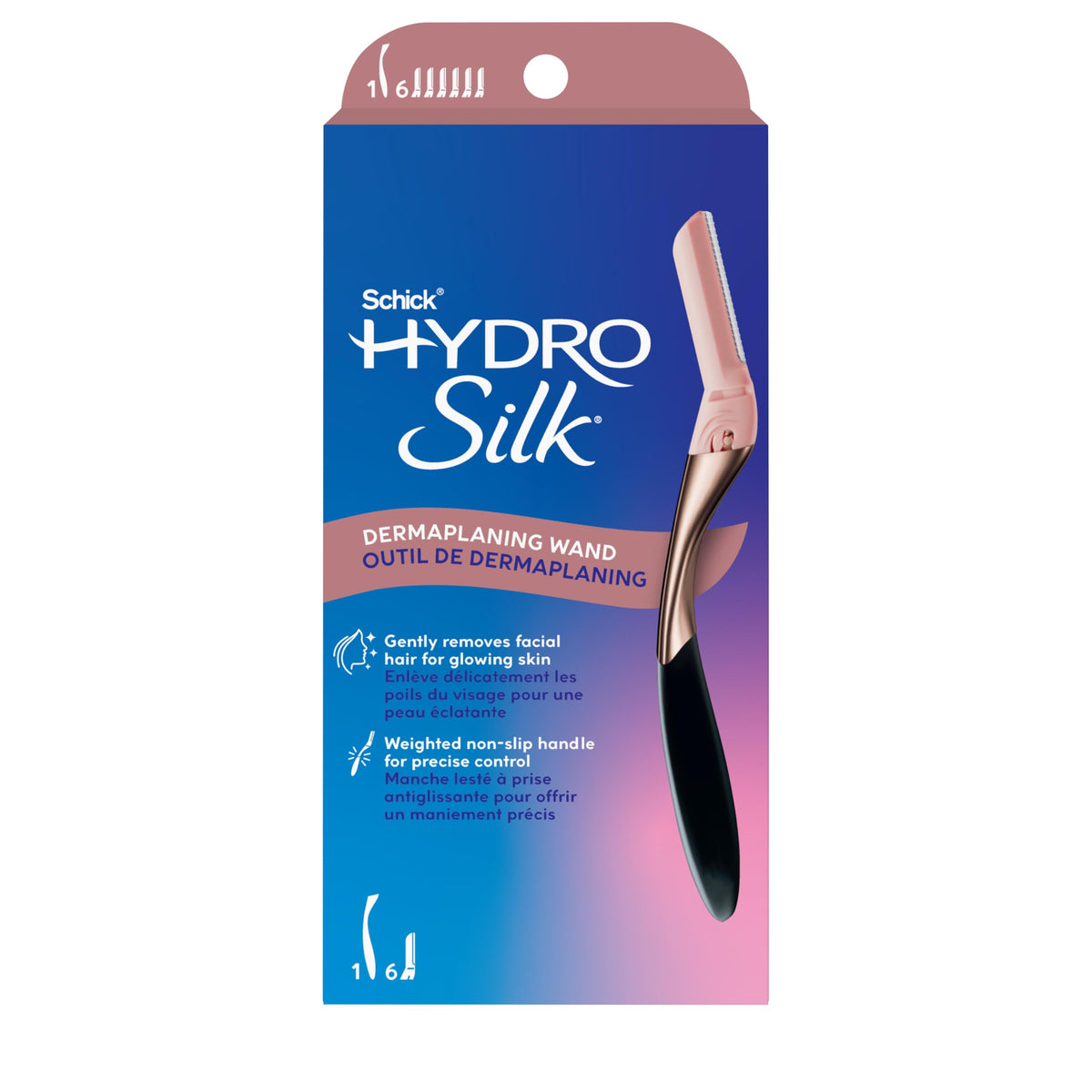 Schick Hydro Silk Dermaplaning Wand with weighted handle for precise control.