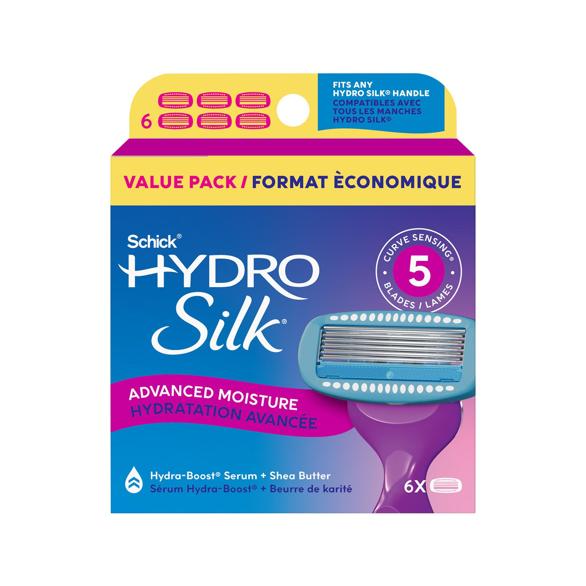 Schick Hydro Silk moisture razor refills 6-count packaging for a smooth, hydrated shave.