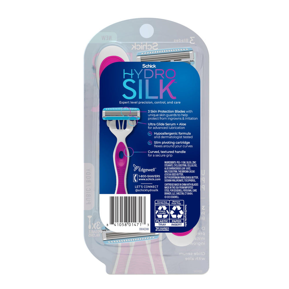 Schick Hydro Silk pubic-hair removal pack supports smooth bikini lines.
