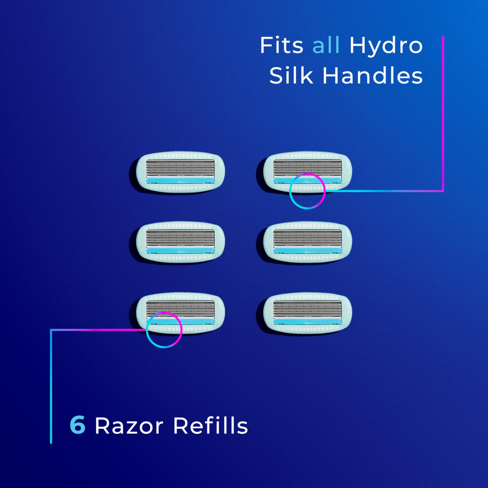 Schick Hydro Silk refills mounted on compatible handle illustration.
