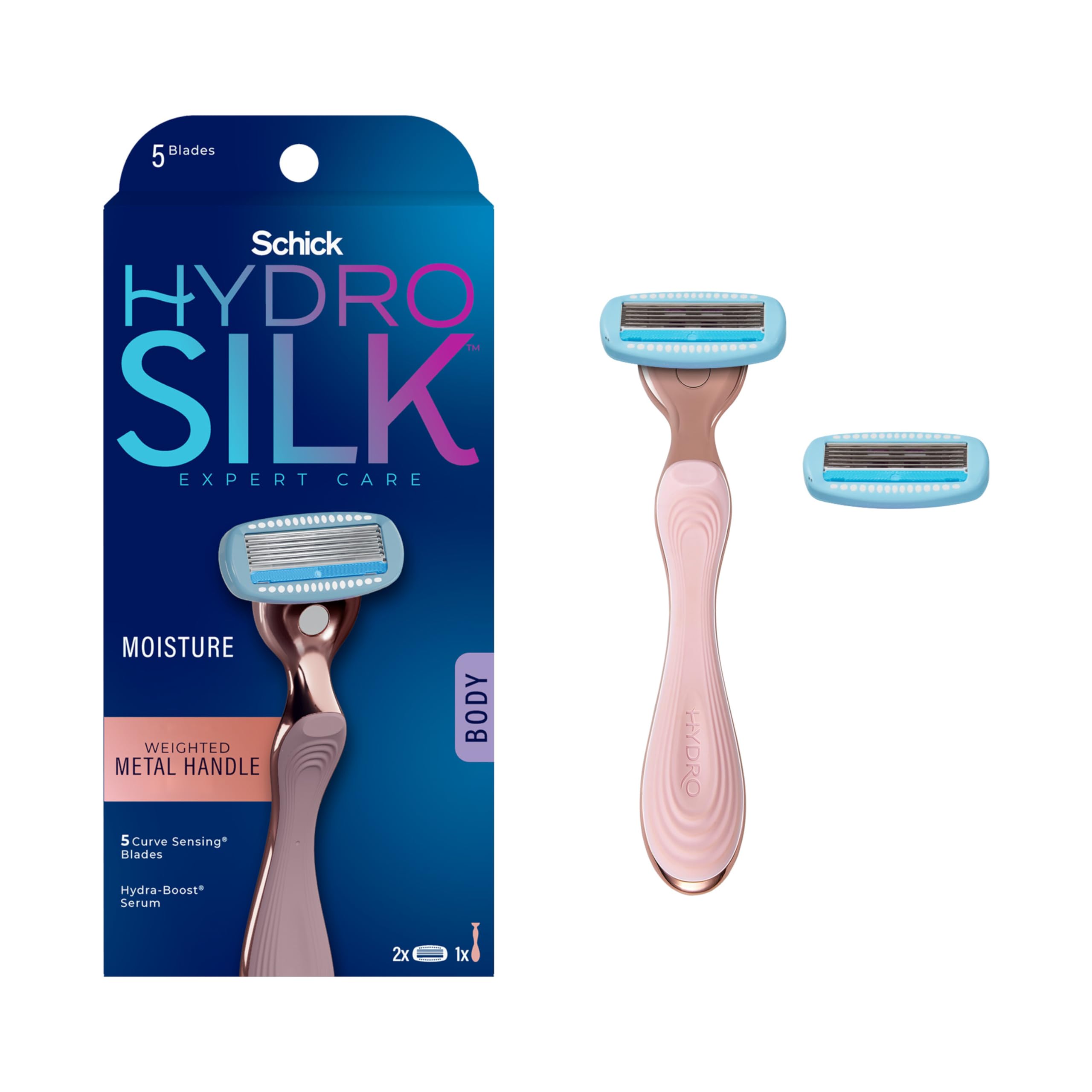 Schick Hydro Silk Rose Gold metal razor handle with weighted grip for precise shaving.