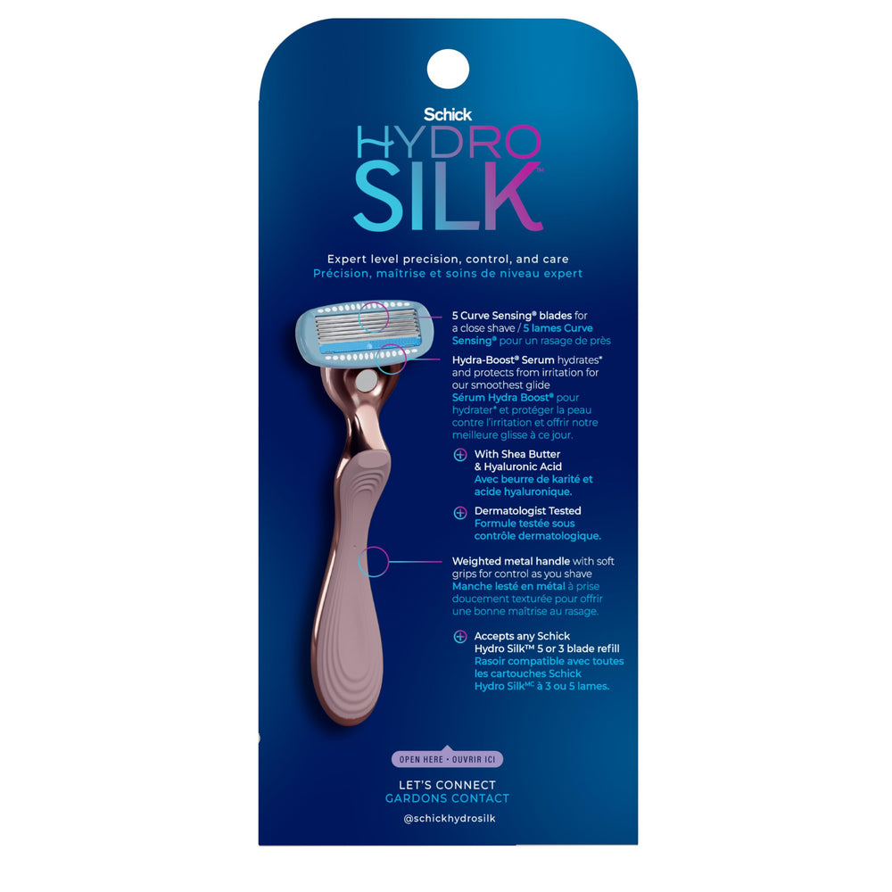 Schick Hydro Silk Rose Gold razor on a bathroom counter for daily routine.