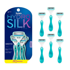 Schick Hydro Silk Sensitive razor packaging showing six-pack at-home use.